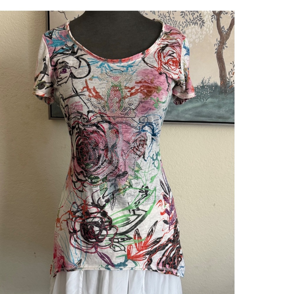 V Cristina Womens Small Y2K Rhinestone Rose Dagger Tunic Top Sharkbite Hem Multi